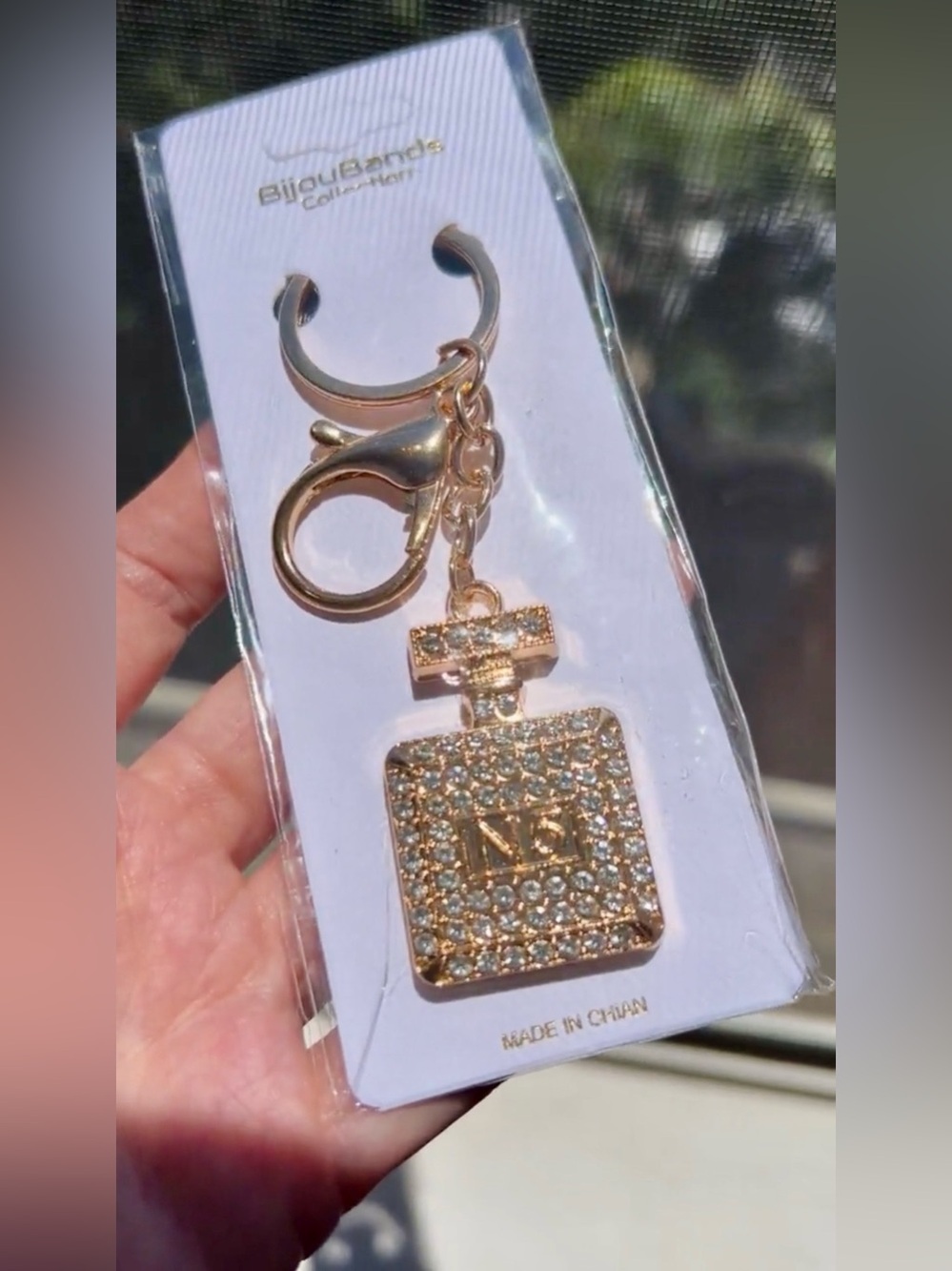 Sparkly, Gold and Clear Rhinestone Perfume Bottle Purse Charm, Keychain